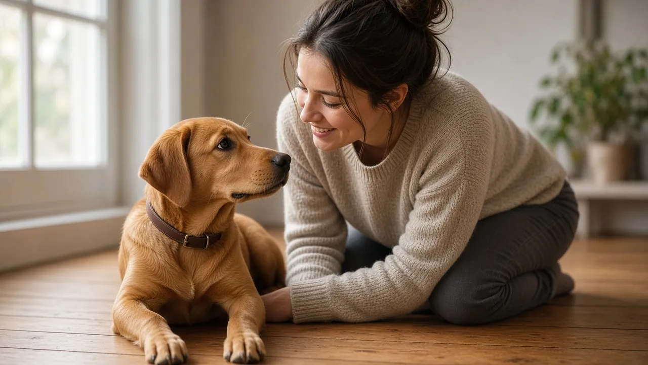Une femme agenouillée sourit à un jeune chien caramel qui porte un collier en cuir, dans un salon lumineux