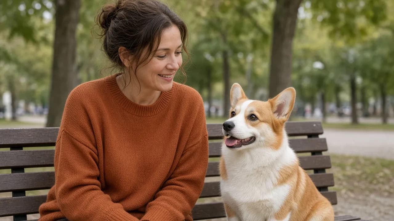 Une femme en pull rouille, assise sur un banc, sourit à un Welsh Corgi Pembroke à côté d’elle