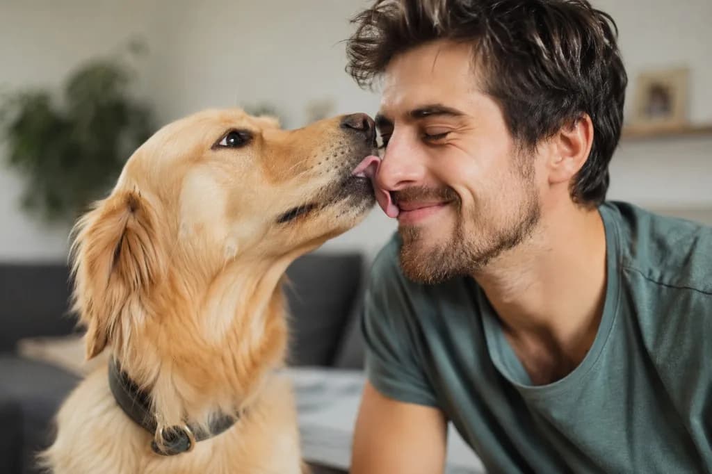 Un chien Golden Retriever léchant avec affection le nez de son maître souriant dans un salon