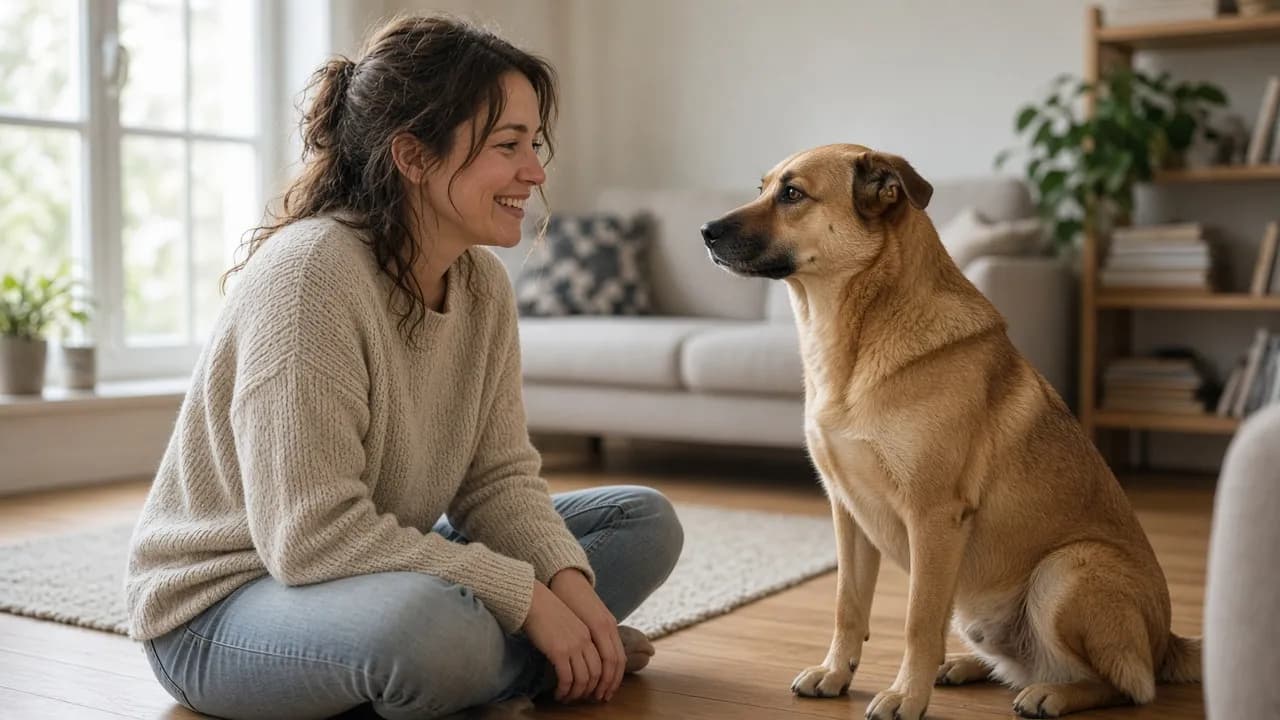 Une femme assise au sol d’un salon lumineux regarde un chien adulte au pelage fauve, dans un moment calme de rencontre