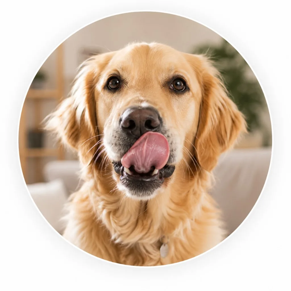 Golden Retriever tirant la langue, regard tourné vers l’objectif