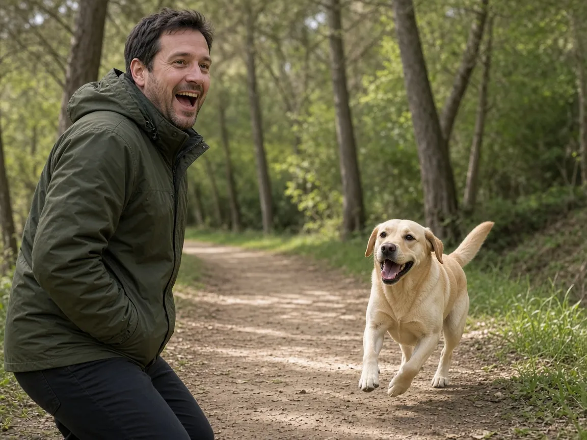 Un homme appelle un Labrador sable qui court vers lui sur un sentier forestier