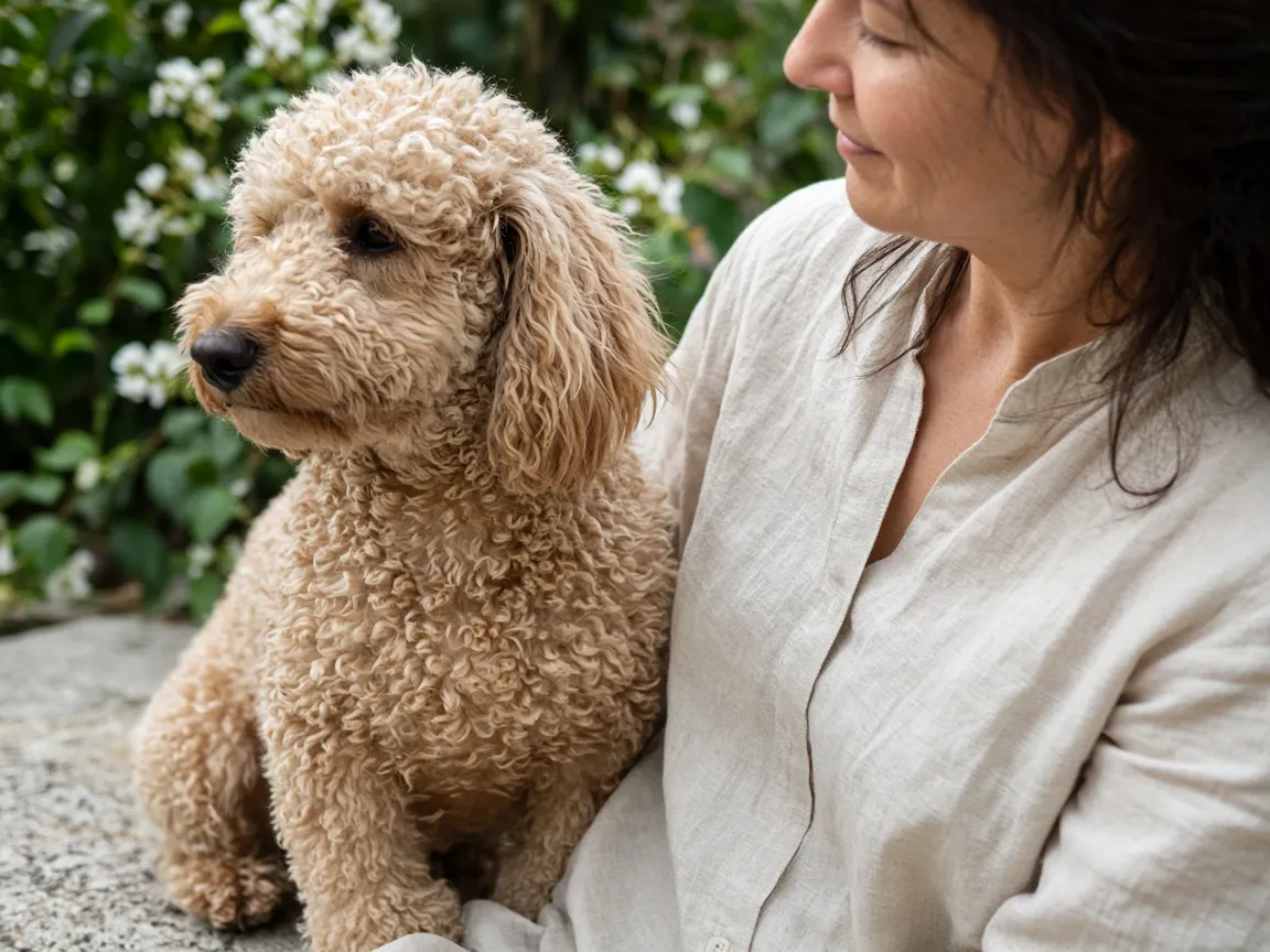 Un caniche abricot assis dans un jardin à côté d’une femme en chemise de lin