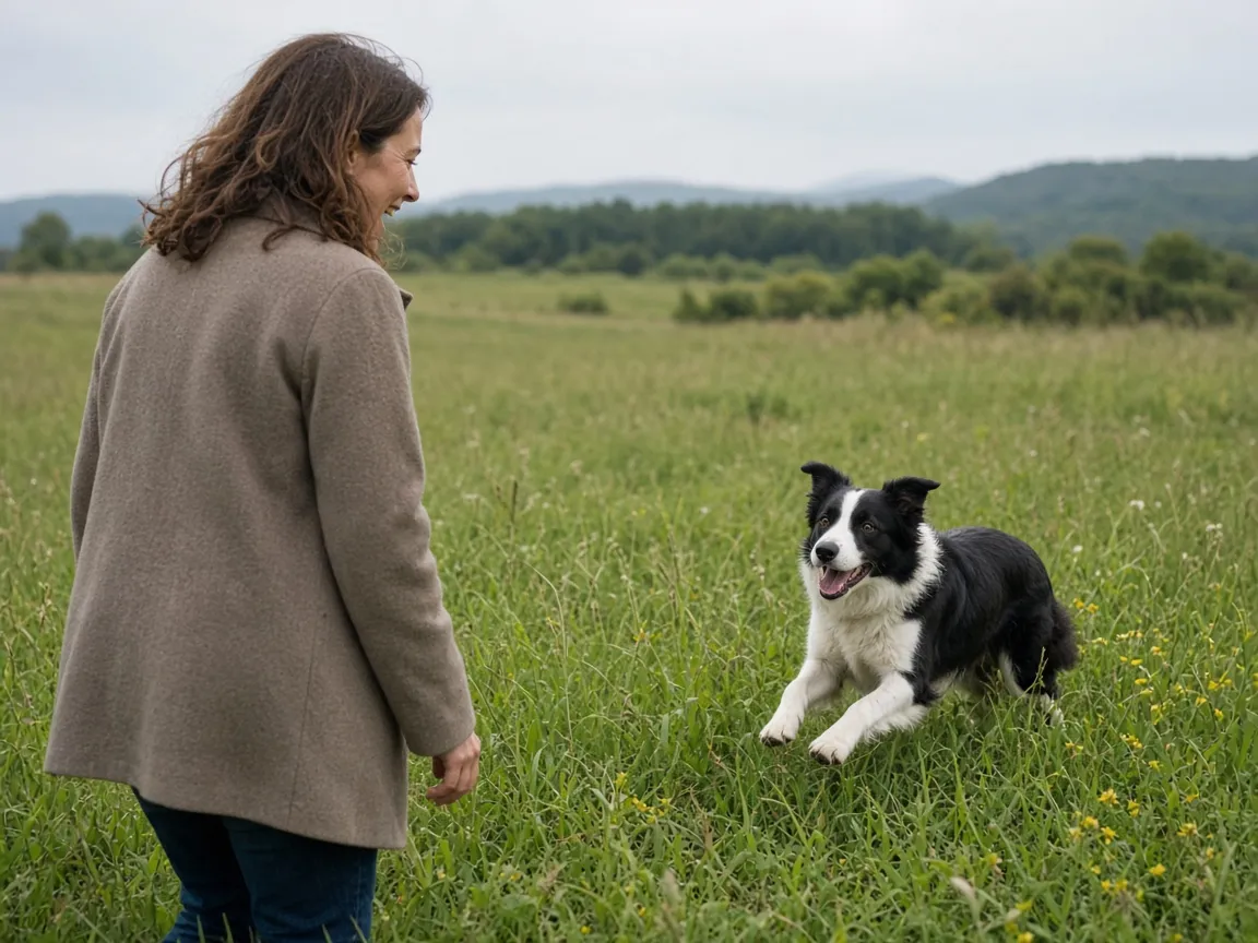 Une femme appelle un border collie noir et blanc qui court vers elle dans un pré