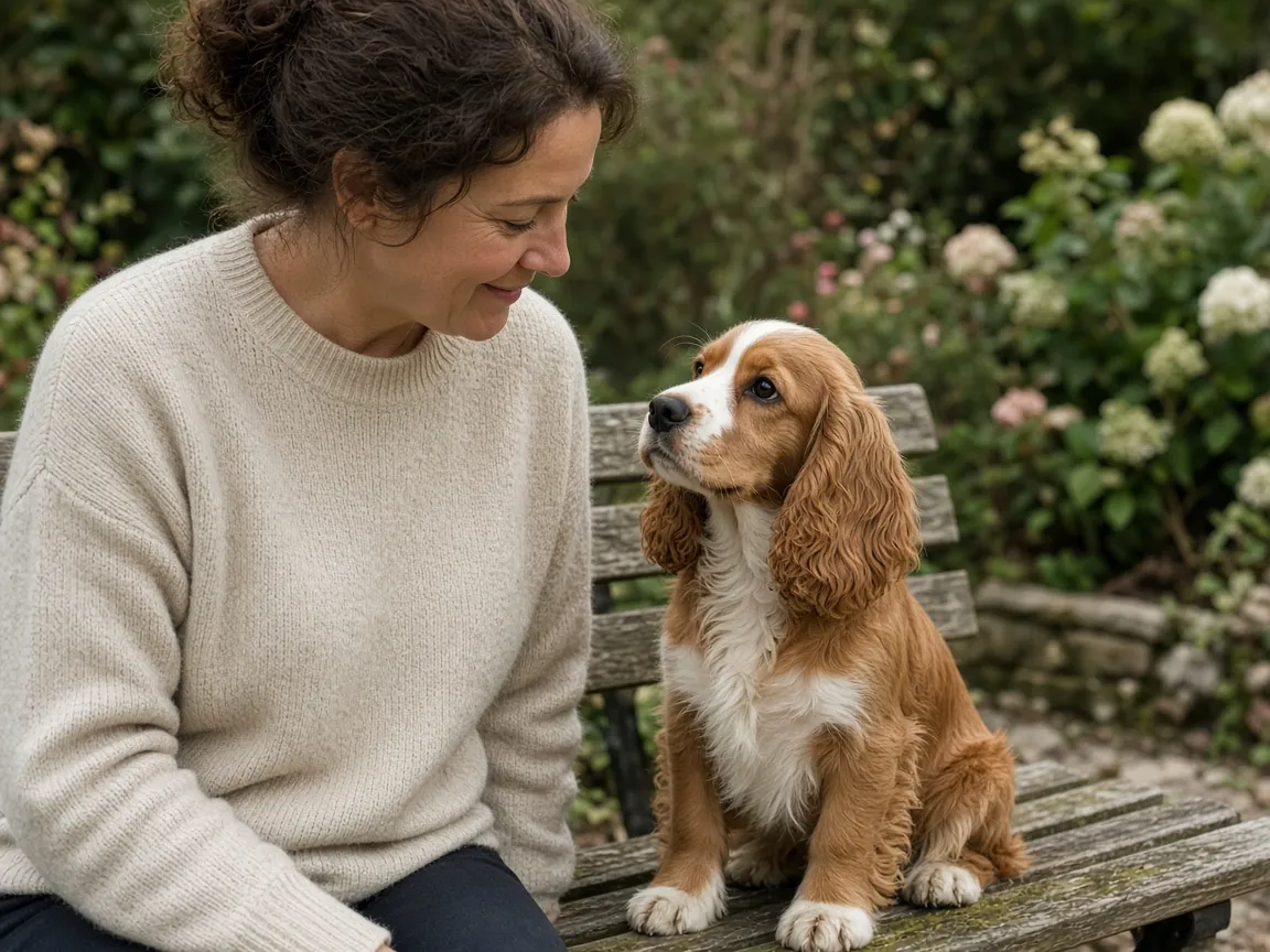 Une femme en pull crème assise sur un banc de jardin, à côté d’un cocker anglais marron