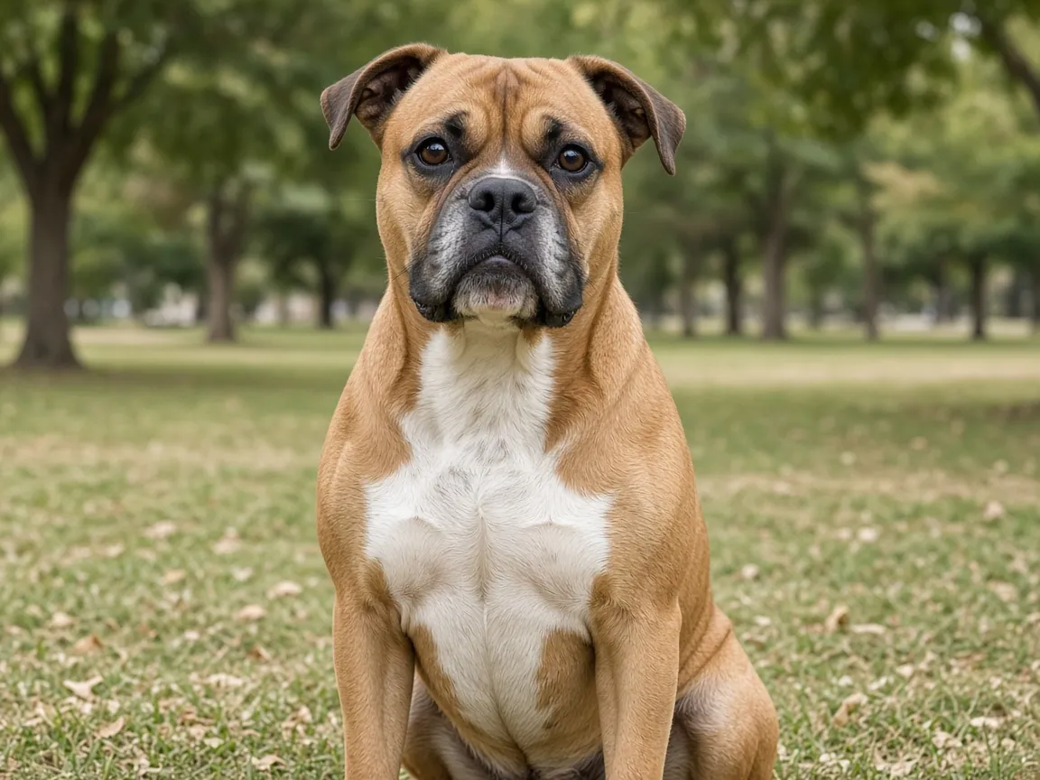 Un boxer fauve au poitrail blanc, assis dans un parc, le regard attentif