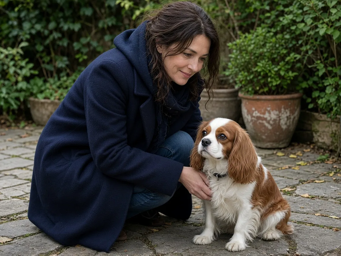 Une femme en manteau bleu marine accroupie à côté d’un Cavalier King Charles marron et blanc, dans une cour