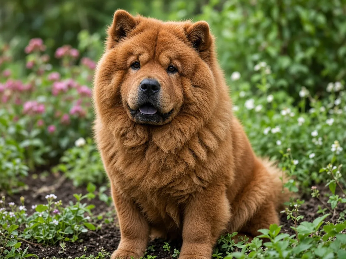 Un chow-chow adulte au pelage cannelle, assis dans un jardin, le regard calme