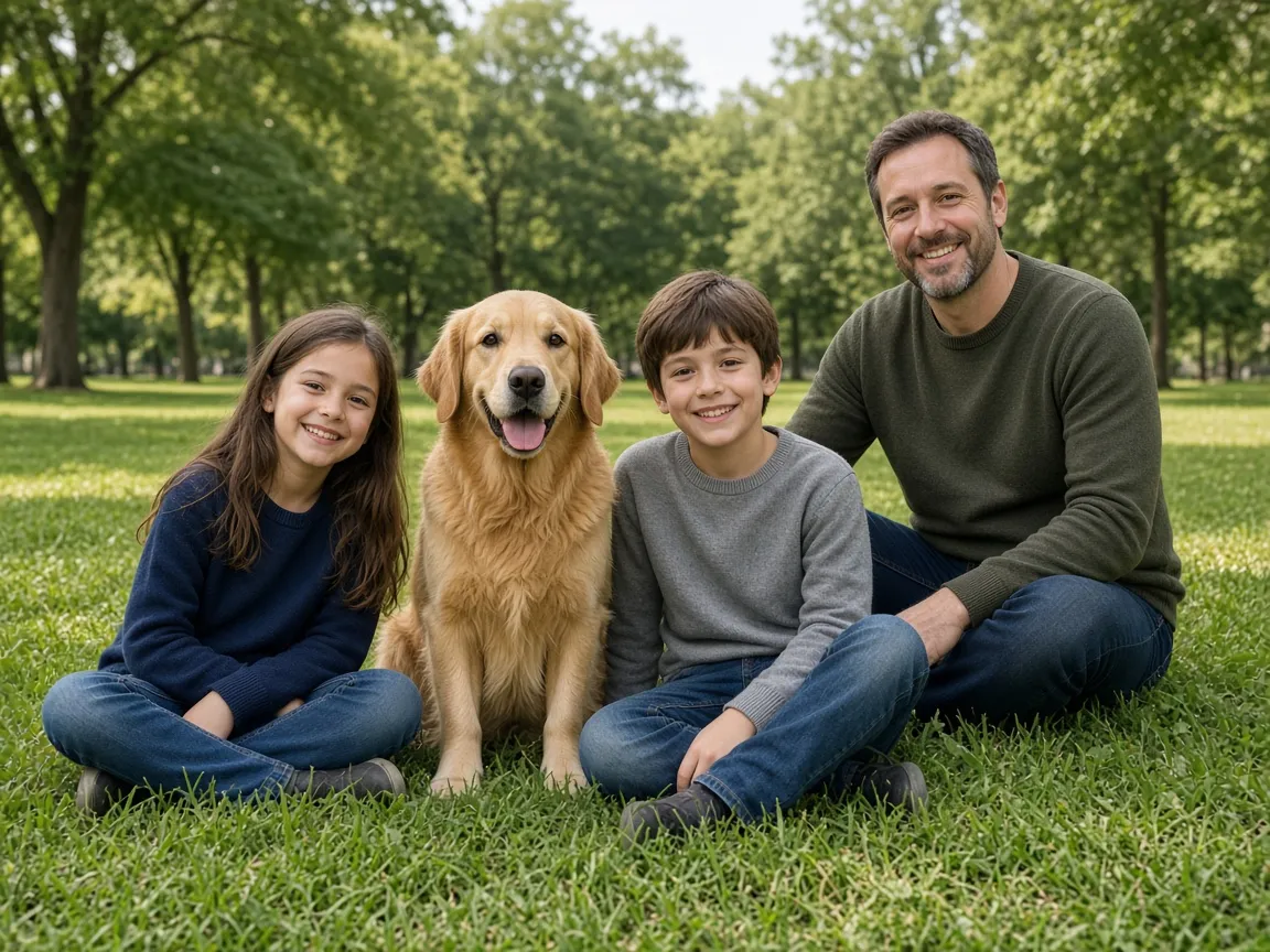 Un adulte et deux enfants assis dans l’herbe avec un Golden Retriever, dans un parc