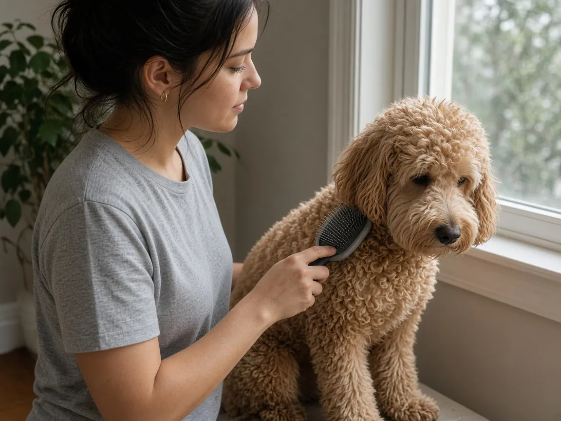 Une femme brosse le pelage frisé d’un caniche abricot près d’une fenêtre