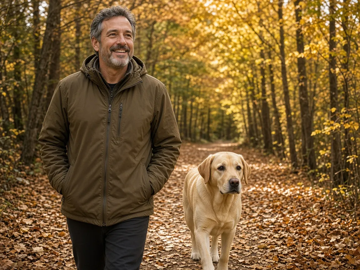 Un homme et un Labrador sable marchent sur un sentier forestier en automne