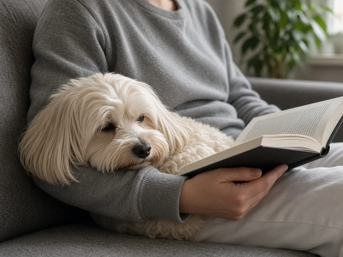 Un petit chien blanc au long poil soyeux repose contre une personne qui lit sur un canapé
